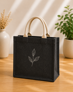 Sac fourre-tout en jute noir avec broderie de feuilles, poignée en corde torsadée, taille moyenne, ouverture supérieure - Product Image 1