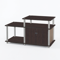 Meuble TV asymétrique industriel 1828 en bois, console multimédia avec rangement, étagère ouverte, centre de divertissement, panneau gris chêne
