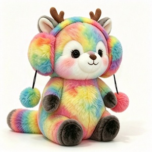Orejeras de pompón personalizadas con diseño de ciervo de peluche, suaves orejeras de pompón de ciervo de peluche con efecto tie-dye arcoíris, temática de bosque arcoíris - Product Image 2