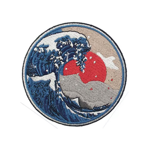 Lightweight Canvas Circular Embroidered <b>Patch</b> with Great Wave and Red Sun Design <b>Sew</b>-<b>On</b> Fabric Applique for Clothing & Hats - Product Image 1