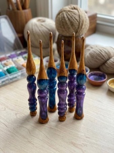 Fresh Arrival Eco-Friendly Durable Resin Wood Crochet <b>Hooks</b> | Handmade Ergonomic Design | Purple Teal Swirl Pattern | Gift for - Product Image 2
