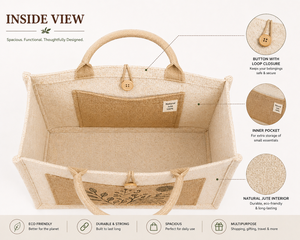 Bolsa de Yute Laminada Personalizada AMANI con Bolsillo Frontal y Cierre de Botón, Tamaño Mediano, Ecológica, Reutilizable, para Compras y Promociones - Product Image 4