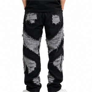 Men Distressed Jeans Black Washed Denim Relaxed Baggy Fit Heavy Ripped Detail Modern Streetwear Style Comfortable Daily Wear - Product Image 2