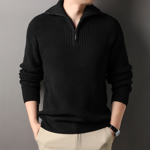 Pull en laine 100% pour homme, tricoté épais, avec fermeture éclair 1/4, col rabattu, couleur unie, vêtements d'hiver - Product Image 2