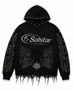 Sweat-shirt à capuche noir personnalisé avec strass effet vieilli pour homme, streetwear, logo personnalisé, impression graphique et manches ornées - Product Image 1