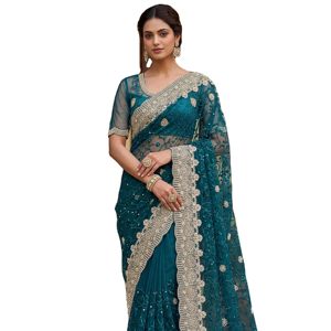 Party Wear Embroidery Net <b>Saree</b> <b>Blouse</b> Women's Traditional Indian Designer Embroidery Work with Pearls Diamonds Work - Product Image 4