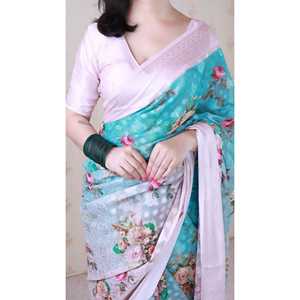 Sari en Georgette Imprimé Floral Bleu Ciel Elite Weaves, Robe de Soirée Douce Tissée Zari 450g - Product Image 2