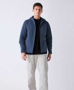 Men's Blue <b>Hooded</b> <b>Fleece</b> <b>Jacket</b> Windproof Zipper Closure Casual Autumn Wear Regular Fit Solid Color Polyester Material - Product Image 3