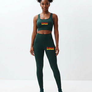 OEM Manufacturer Women's <b>Green</b> Yoga <b>Set</b> Racerback Crop Top High Waist Full Length Leggings 2 Piece Seamless Activewear Suit - Product Image 1
