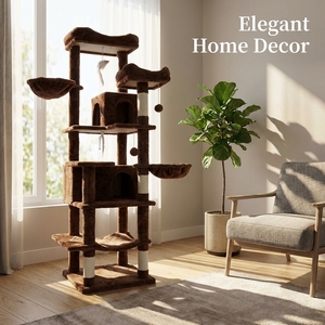 Arbre à chat moderne multi-niveaux en panneau de particules brun avec griffoir en sisal, meuble d'intérieur pour animaux de compagnie, design durable et amovible - Product Image 2
