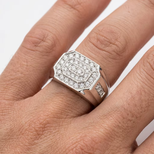 Anillo de Sello para Hombre de Oro Blanco Sólido de 18k con Diamantes Naturales, Diseño Octogonal Geométrico con Engaste de Racimo, Joyería Fina de Declaración Robusta - Product Image 3