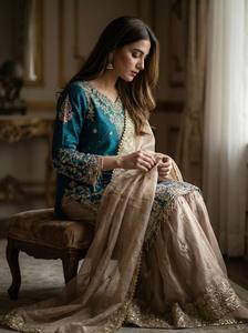 Conjunto Sharara de Seda Bordada para Mujer, con Dupatta, Largo hasta el Suelo, Traje Étnico Tradicional para Bodas en India y Pakistán, ¡Oferta! - Product Image 5