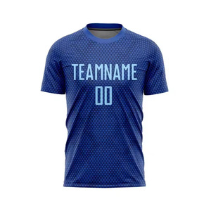 Op maat gemaakte blauwe design voetbaltenue collectie met gepersonaliseerde nummers, namen en teamlogo productie - Product Image 5