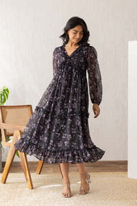 Vestido Midi Romántico de Gasa con Estampado Floral, Cuello con Volantes, Manga Larga, Corte en A, Holgado, Casual de Primavera, Elegante para Mujer - Product Image 5