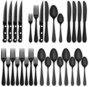 Ensemble de couverts en acier inoxydable noir mat, couverts modernes, fourchettes, couteaux, cuillères, couverts durables à long manche, ensembles de couverts en métal - Product Image 4