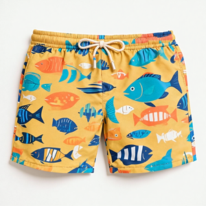 Short de bain unisexe à imprimé poissons jaunes, taille mi-haute avec cordon de serrage, séchage rapide, décontracté, en tissu tissé 100% polyester - Product Image 1