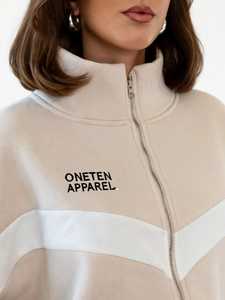 Conjunto Deportivo 2 en 1 para Mujer, Color Beige y Blanco con Bloques de Color Estampados, Cuello Alto, Corte Holgado, Manga Larga, Pantalones Largos, Estilo Deportivo - Product Image 6