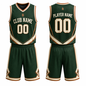 Uniforme de Baloncesto Personalizado Verde Beige Sublimado Impreso Transpirable de Poliéster para Adultos Unisex - Product Image 1