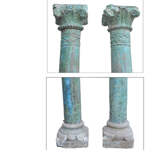 Piliers en bois sculptés à la main Haswani Handicrafts avec base en pierre, finition antique, colonnes architecturales décoratives, paire - Product Image 2