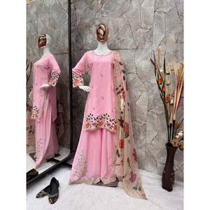ATRACTIVOS CHINON SECUENCIA BORDADO TRABAJO TOP PALAZZO CON DUPATTA BEBÉ ROSA - Product Image 1