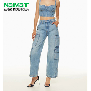 Women High Waist Light Blue Cargo Denim Jeans Straight Leg Multi Pocket Cotton Utility Work Casual Fashion Pants - Product Image 1