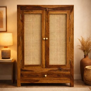 Wholesale Boho <b>Solid</b> <b>Wood</b> Rattan Cabinet 2 Door Woven Cane Storage Cupboard with Bottom Drawer | Pindel Handicraft - Product Image 1
