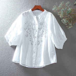 Women's Elegant Floral Embroidery Chiffon Blouse 2026 Ivory White Puff Sleeve V-Neck Button <b>Down</b> Luxury Party Wear Summer Top HD - Product Image 6
