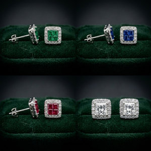 Trendy 18K White Gold Square Shape Princess Cut <b>Emerald</b> Earrings Diamond <b>Stud</b> Custom Design For Milestone Birthday - Product Image 4