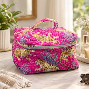 For Animal Print Quilted Water Resistant Vintage Style Large Capacity Zipper Closure Soft Handle Cotton <b>Cosmetic</b> <b>Case</b> Makeup - Product Image 2