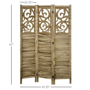 Handcrafted 3-Panel Wooden Room Divider Double Hinged <b>Folding</b> Privacy <b>Screen</b> Traditional Design Brown for Home Office 63x67x075 - Product Image 3