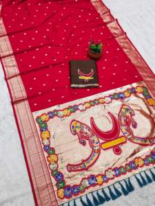 Sari en soie Pethani douce avec motifs tissés Zari Meenakari, sans plis, séchage rapide, pour tenue de fête traditionnelle, avec pallu à franges intégré - Product Image 5