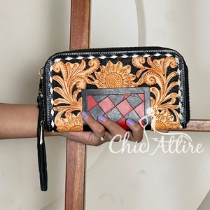 New 2026 Hot Selling Checkered With Sunflower Design Mini <b>Bag</b> Cowhide Hand Tooled Leather Zipper Pattern Every Day use Wallet - Product Image 1
