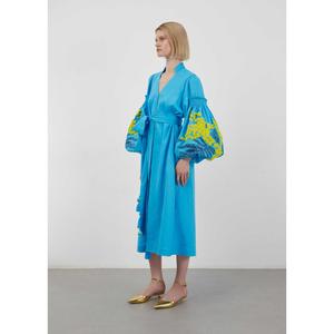 เดรสผ้าฝ้ายสีน้ำเงินสำหรับผู้หญิง แขนทรงบอลลูนปักลาย คอวี ผูกเอว พู่ห้อย สไตล์โบฮีเมียนลำลอง - Product Image 4