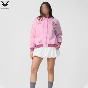 Pink Full Sleeve Turn Down Collar Button Closure Quilted Embroidery Letter S Design OEM ODM Service Women Varsity <b>Jacket</b> - Product Image 2