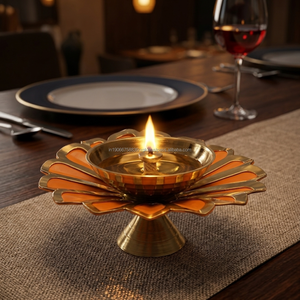 AG Elements <b>Mini</b> Brass Lotus-Shaped Oil Lamp for Restaurant <b>Table</b> Decor Floral Design Small Ambient Lighting Candle Alternative - Product Image 1