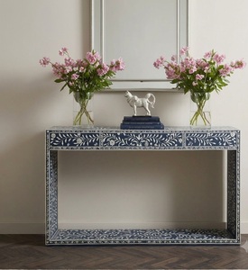 Mesa Consola Decorativa con Incrustaciones Florales Azules, Mesa de Entrada, Mesa de Sofá, Mueble de Madera Sólida para Sala de Estar - Product Image 1