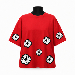 Camiseta Roja Oversize para Mujer, de Algodón, Corte Holgado, Cuello Redondo, Manga Corta, Bordado Floral, para Todas las Temporadas, Uso Casual, Precio Económico, OEM - Product Image 4