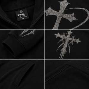 Sweat à capuche unisexe vintage gothique noir surdimensionné avec imprimé croix en coton French Terry 400g, manches classiques, poche avant, style hiver - Product Image 4