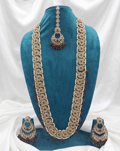 Luxurious Rani Haar Long Necklace <b>Set</b> Antique Gold Plated Imitation Pearl Borders Zircon Maroon <b>Beads</b> Ethnic Wedding Gift Party - Product Image 1