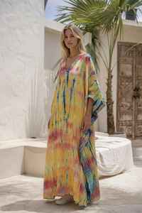 Women <b>Boho</b> Yellow Multicolor Tie Dye Cotton Maxi <b>Dress</b> Beach <b>Summer</b> Vacation Long <b>Dress</b> - Product Image 3