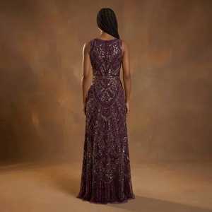 Vestido de noche morado con lentejuelas, cuello redondo, sin mangas, largo hasta el suelo, moderno, de satén, estilo vintage - Product Image 2