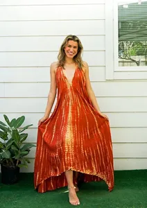 Vestido Largo Informal para Mujer, Color Rojo y Amarillo, Tejido de Rayón, Cuello en V, Sin Mangas, Estilo Holgado, para Vacaciones de Verano y Playa - Product Image 2