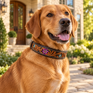 Collar de Cuero para Perro Estilo Western, con Diseño Floral Grabado a Mano y Herrajes Metálicos |   Collar Canino Ajustable y Cosido - Product Image 3