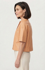 Camisa de Cuero Genuino sin Botones para Mujer, Blusa de Cuero Minimalista de Manga Corta, Camisas de Cuero de Manga Corta Suaves y Casuales a la Moda - Product Image 3