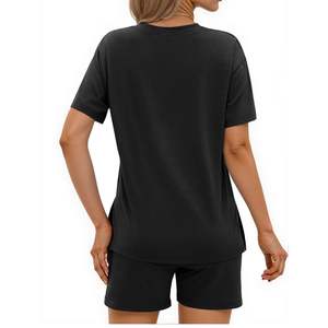 Conjunto de Camiseta y Pantalones Cortos con Cuello en V para Mujer, Atuendo Casual de Verano de Dos Piezas, Ropa de Salón de Color Sólido, Proveedor Mayorista OEM - Product Image 3