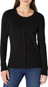 Women's Black Knitted Button Front <b>Cardigan</b> <b>Long</b> Sleeve Crew Neck Casual Sweater Solid Color 100% Cotton All Seasons Wear - Product Image 2