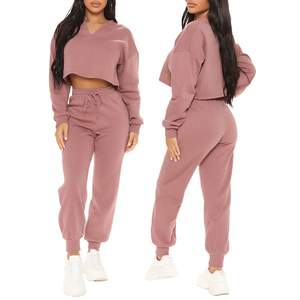 <b>Women</b> Solid Color V Neck Crop <b>Top</b> Tracksuit With Drawstring Pants Full Sleeve Casual Loose Fit Autumn Wear 100% Cotton - Product Image 5