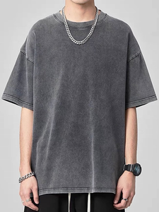 เสื้อยืดคอตตอนทรงหลวมแบบดรอปโชลเดอร์ ผ้าหนา ซักย้อมสีเอซิด ทรงโอเวอร์ไซส์ สไตล์ลำลอง คอกว้าง แบบยูนิเซ็กซ์  รับสกรีนลายตามสั่ง - Product Image 1