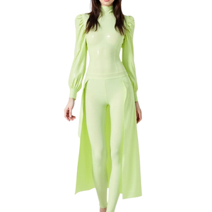 Women's Lime Green <b>Turtleneck</b> Jumpsuit High Waist Long Sleeve Puff Sleeve Full Length Bodycon Spandex Nylon Clubwear - Product Image 1
