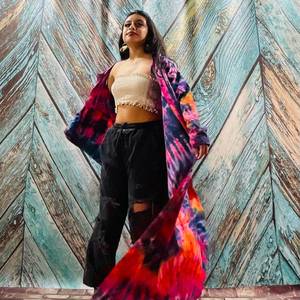 Tie Dye rayonne tissu Long Kimono Boho Style dame plage vacances d'été couvrir Sexy Resort porter femmes Kimono grande taille Kimono - Product Image 2